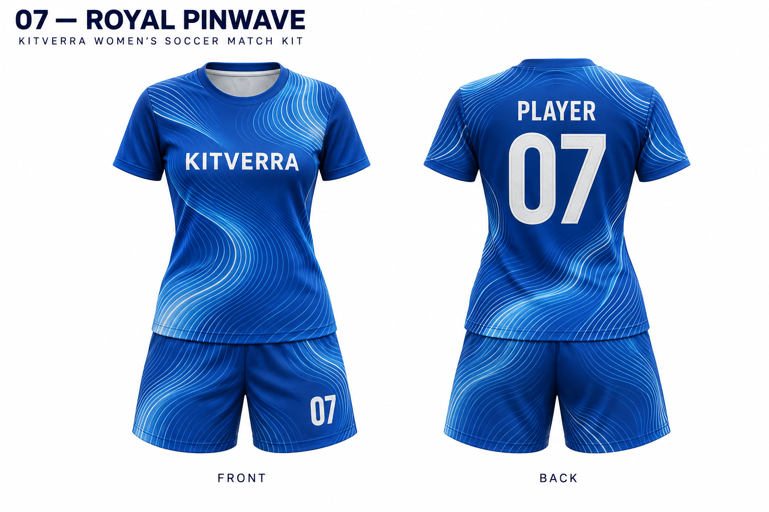 Royal Pinwave women soccer jersey and matching shorts, front and back