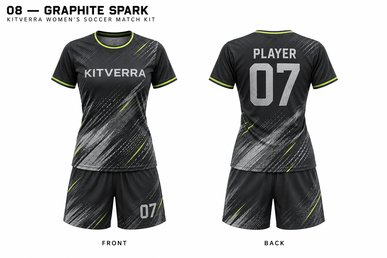 Graphite Spark women soccer jersey and matching shorts, front and back