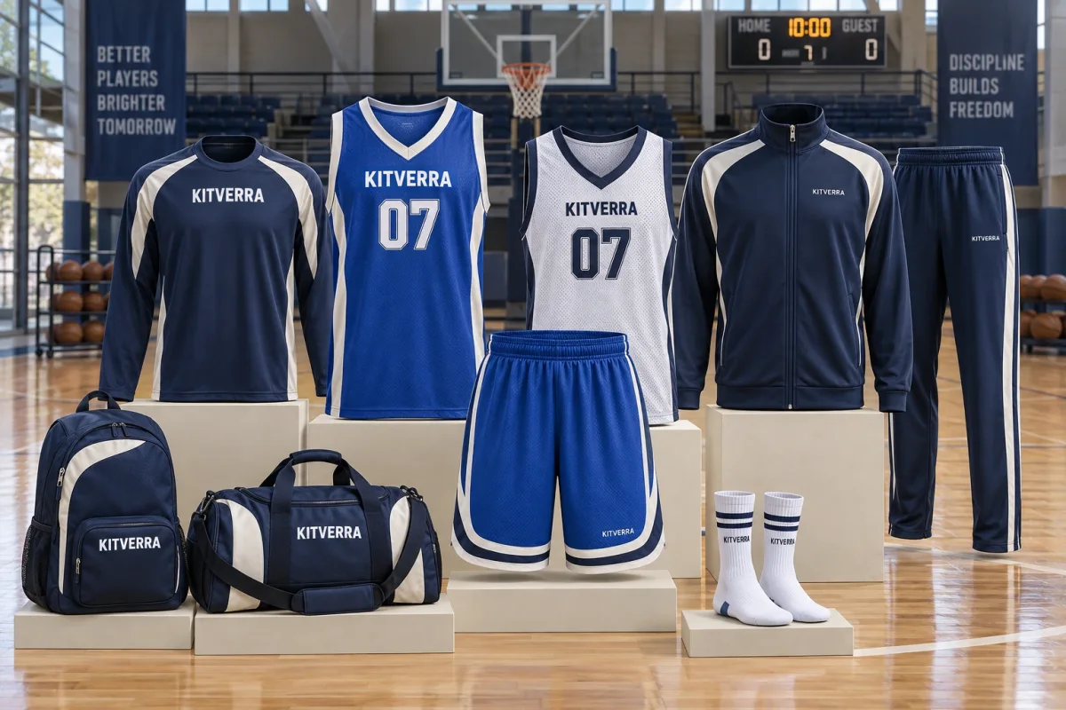 Complete KITVERRA basketball package with game jerseys, shorts, shooting shirt, tracksuit, socks and team bags on an indoor basketball court