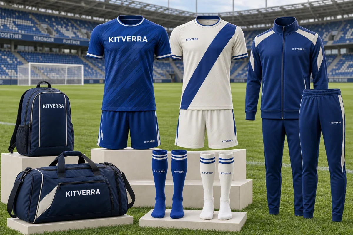 Coordinated KITVERRA navy and white soccer jerseys, shorts, socks, tracksuit jacket and trousers, and team bag