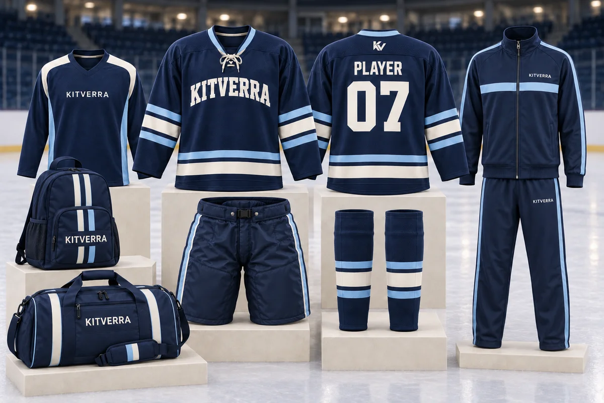 Complete KITVERRA ice hockey apparel package: game jersey front and back, practice jersey, pant shell, open-foot hockey socks, full tracksuit, backpack and duffel bag