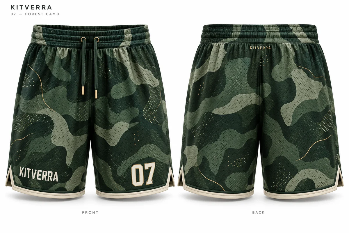 Forest Camo — BASKETBALL SHORTS / SUBLIMATION, front and back design preview