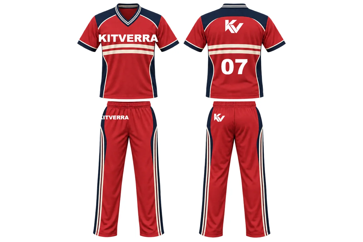 Scarlet Heritage — Cricket kit / Ribbed open V-neck, front and back design preview
