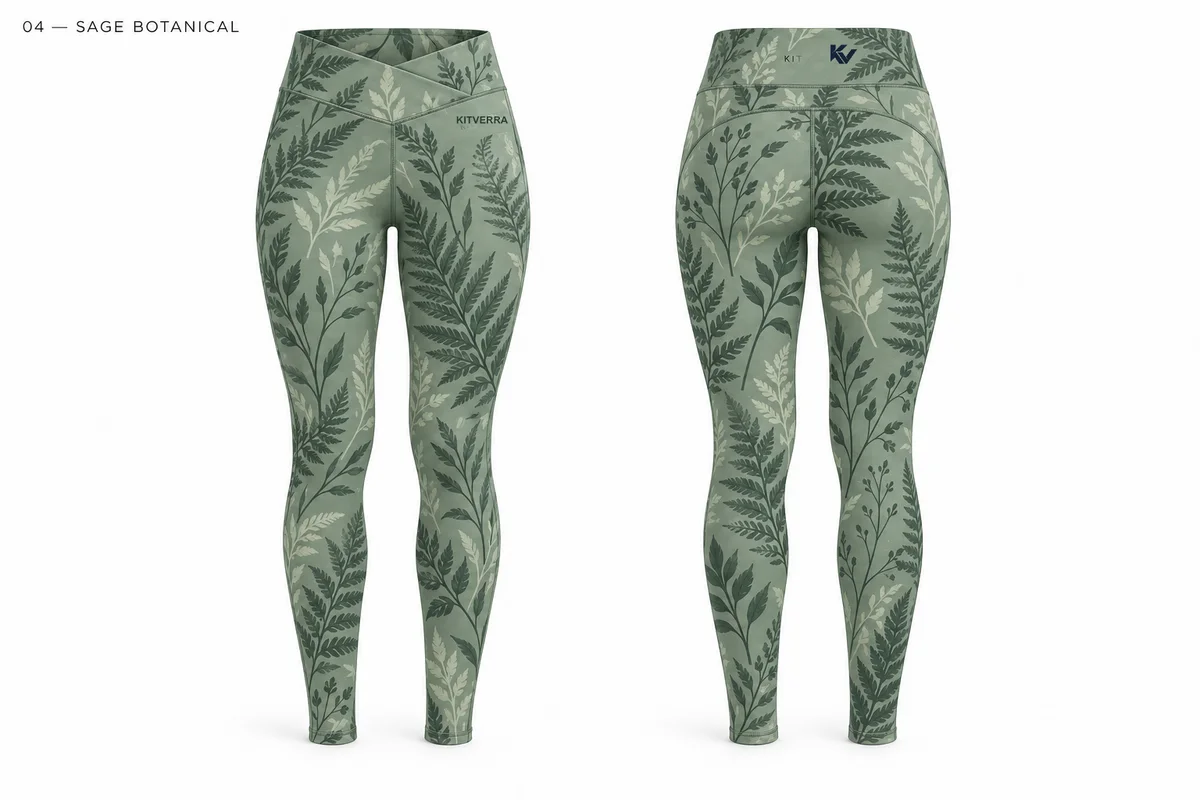 Sage Botanical — Leggings, front and back design preview