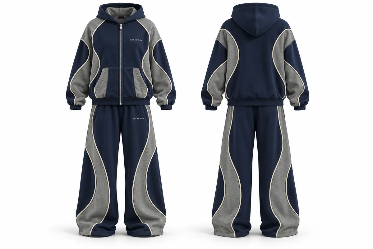 Oversized curved-panel zip set — Tracksuits & Sweatsuits, front and back design preview