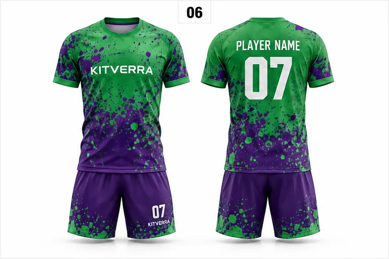 Green Purple Splash — Match kits / Jersey & shorts, front and back design preview