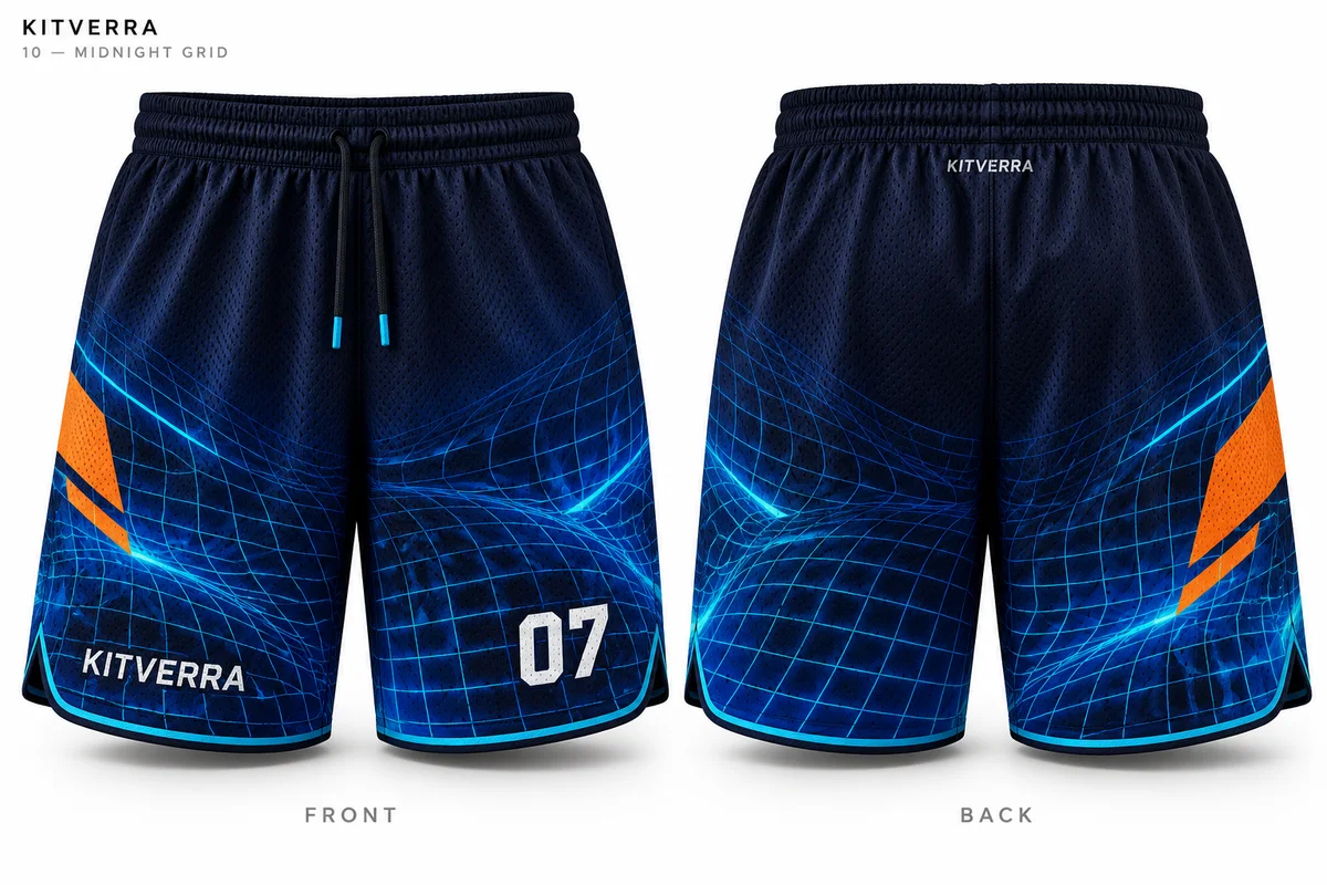 Midnight Grid — BASKETBALL SHORTS / SUBLIMATION, front and back design preview