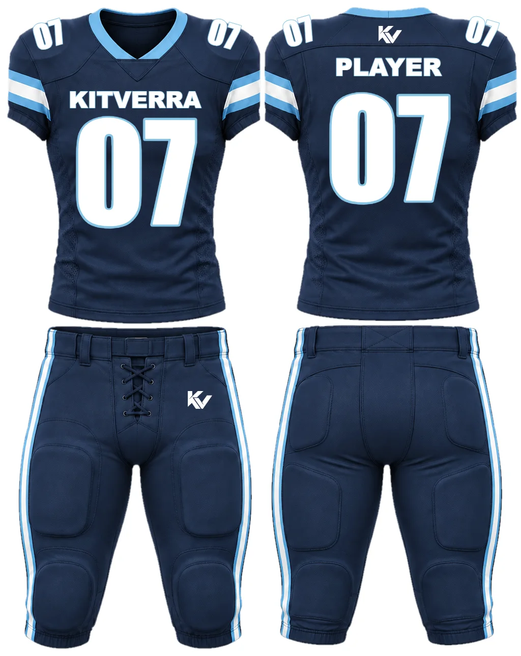 Varsity Midnight — Padded game uniforms, front and back design preview